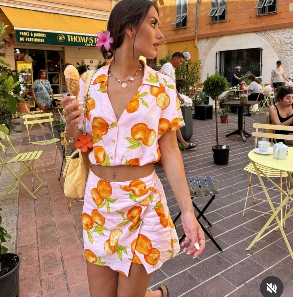 Zara 2pcs Print Wrap Linen Blen Skirt + Top